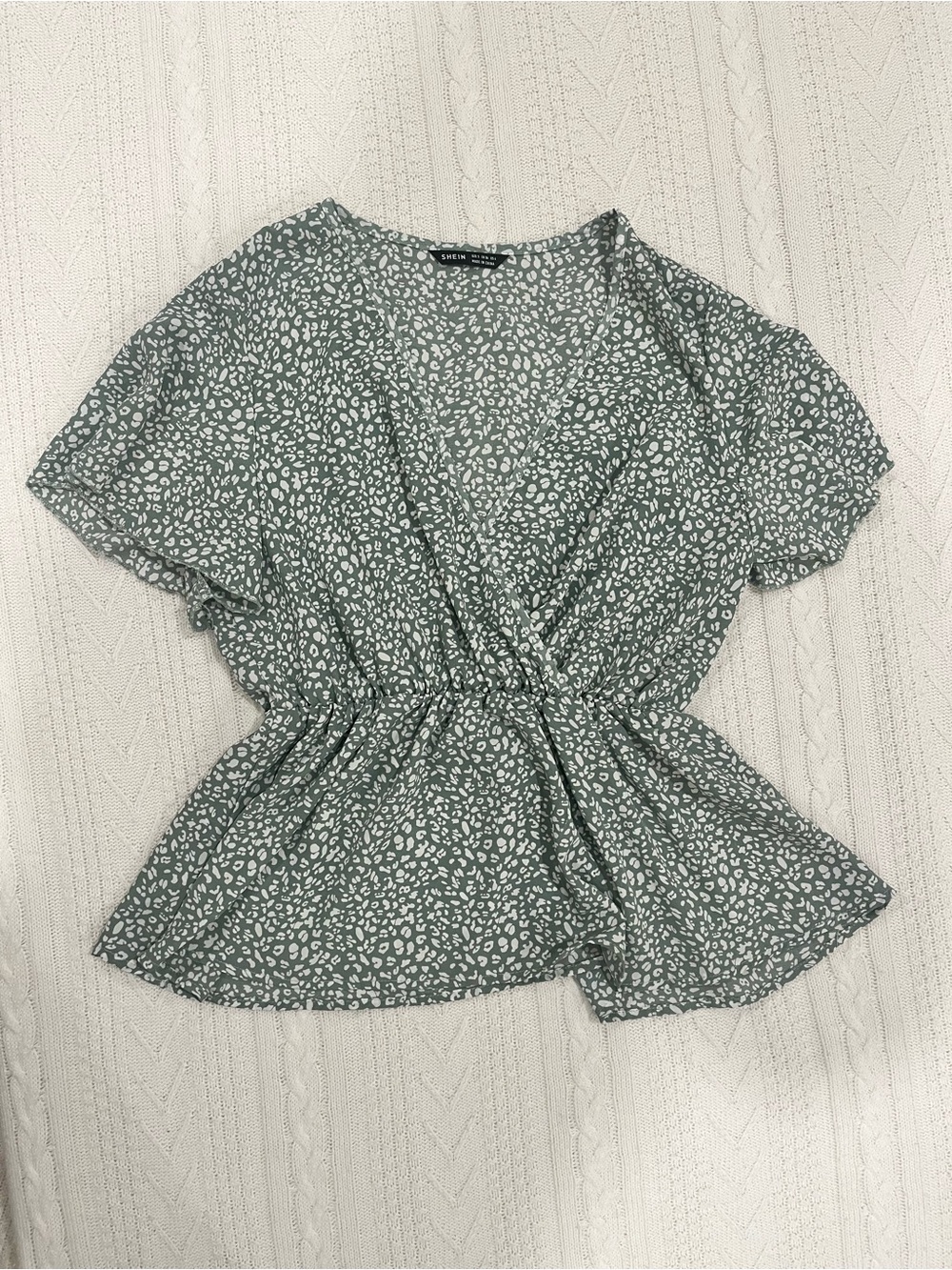 SHEIN Sage Green Leopard Print Surplice Peplum Top - Small